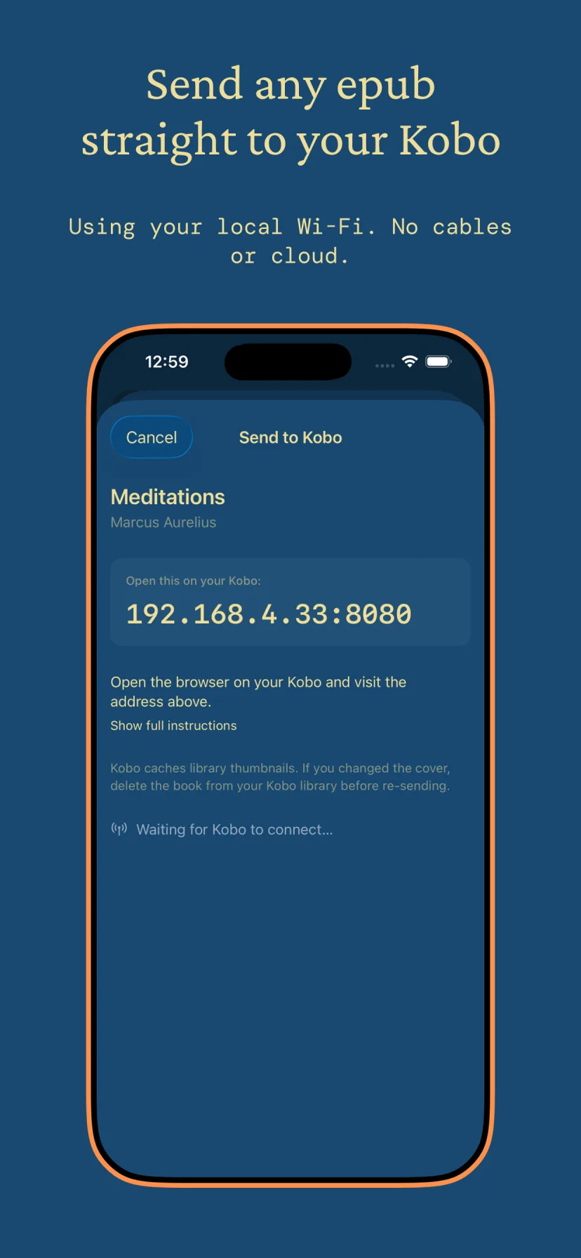 Send to Kobo screen showing a local Wi-Fi address to open on a Kobo