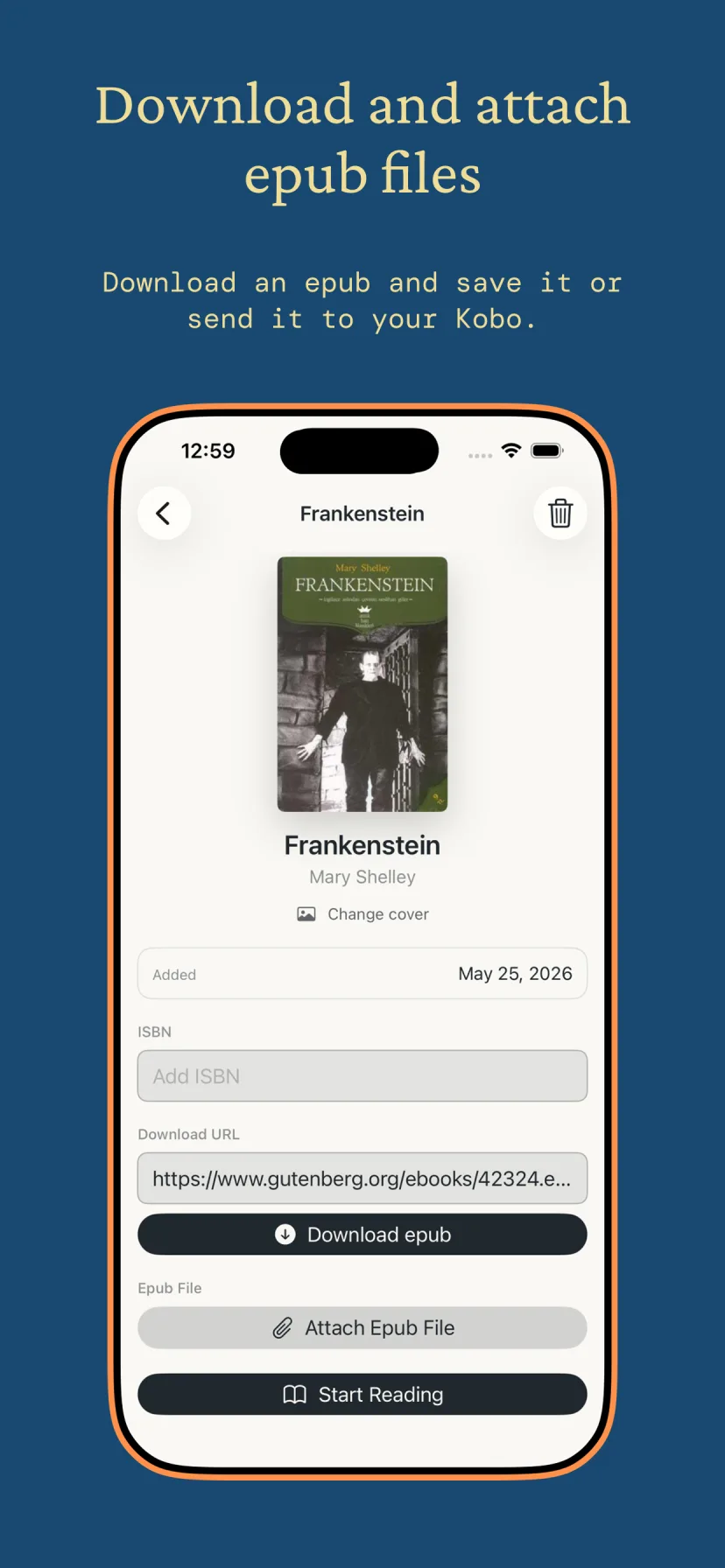 Book detail screen with a download URL and attach epub controls