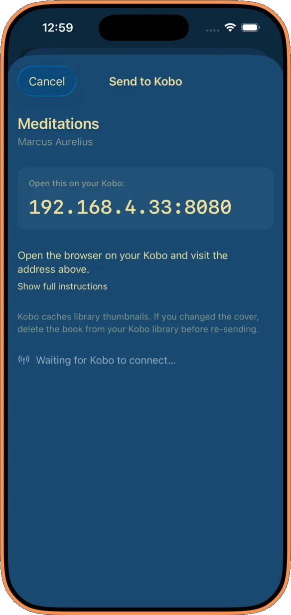 Send to Kobo screen showing a local Wi-Fi address